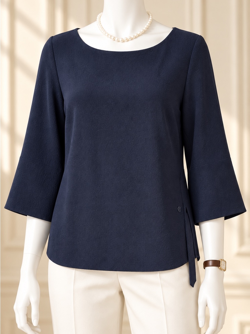 ottod'Ame Navy Blue Textured Crepe Boat Neck 3/4 Sleeve High-Low Blouse 6